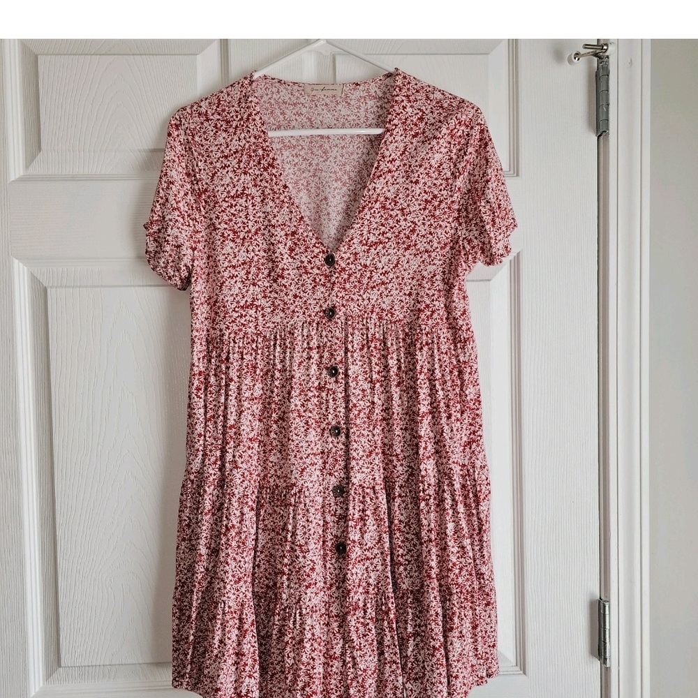 Ditsy Floral Button Mini Dress Babydoll Red White Cottagecore Boho Feminine S